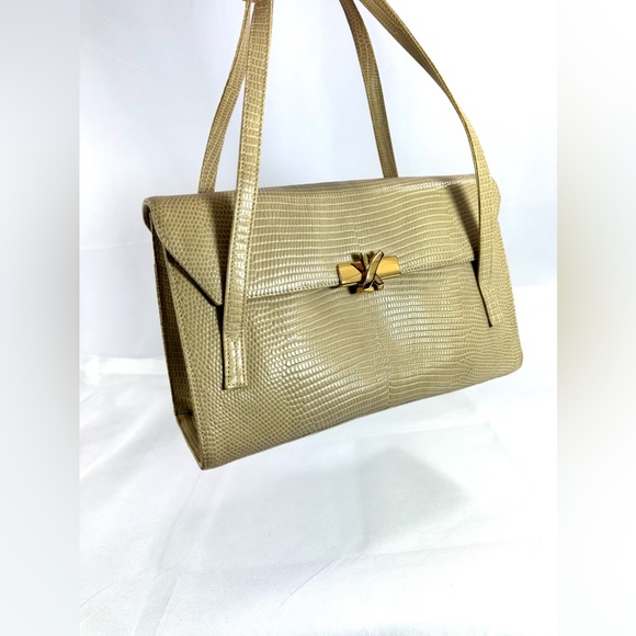 Vintage PALOMA PICASSO beige lizard leather embossed handbag purse X logo - Picture 16 of 16